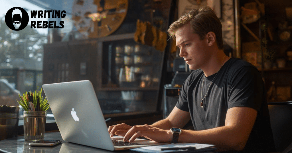 man typing on macbook