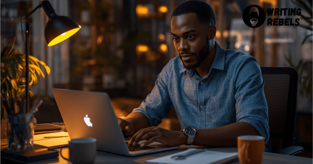 man typing on macbook