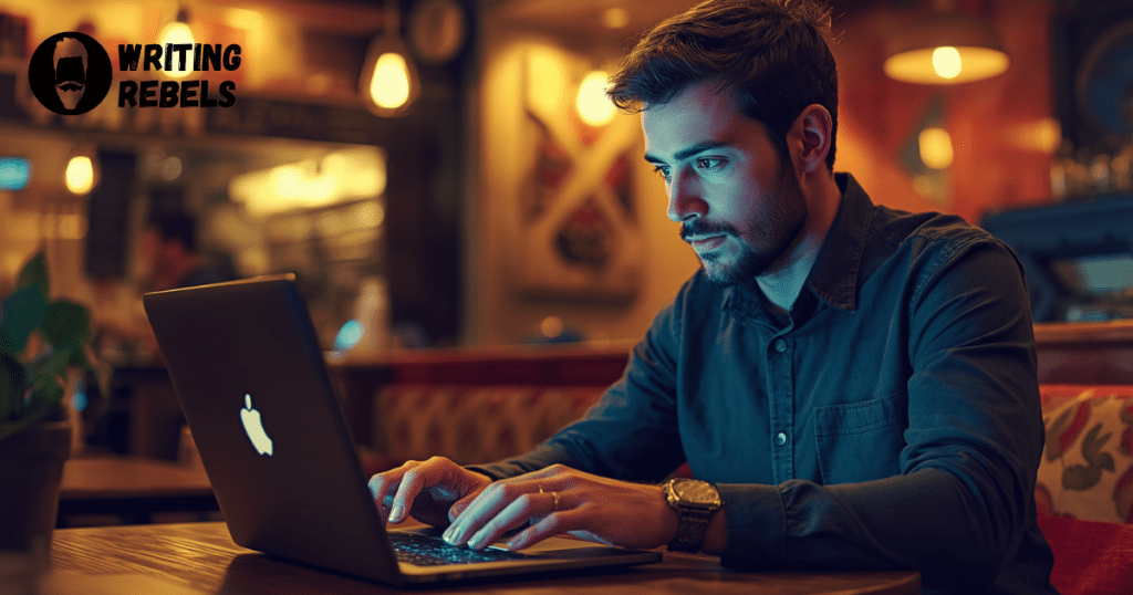 man typing on macbook